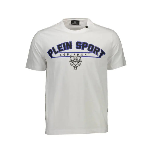 Plein Sport white cotton t-shirt med blå og sort tigerlogo