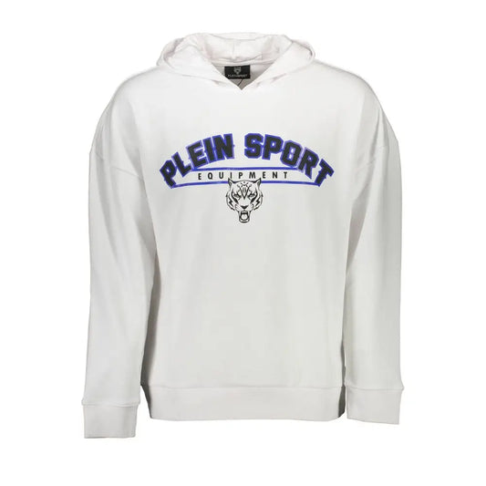 Plein Sport white cotton hoodie med blå buet logo og tigerhoved
