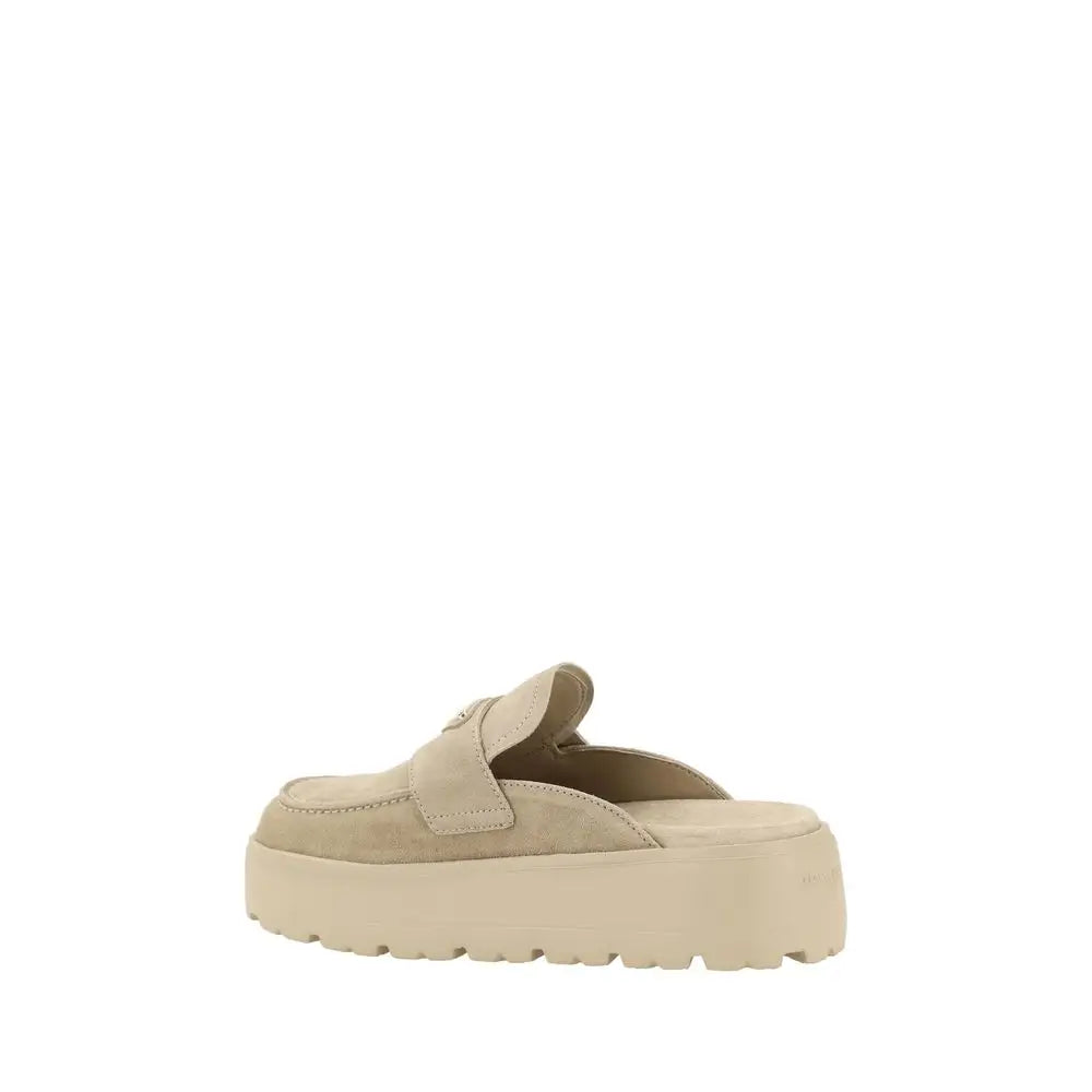 Prada beige rubber mules med beige mockasuede og chunky platform sål
