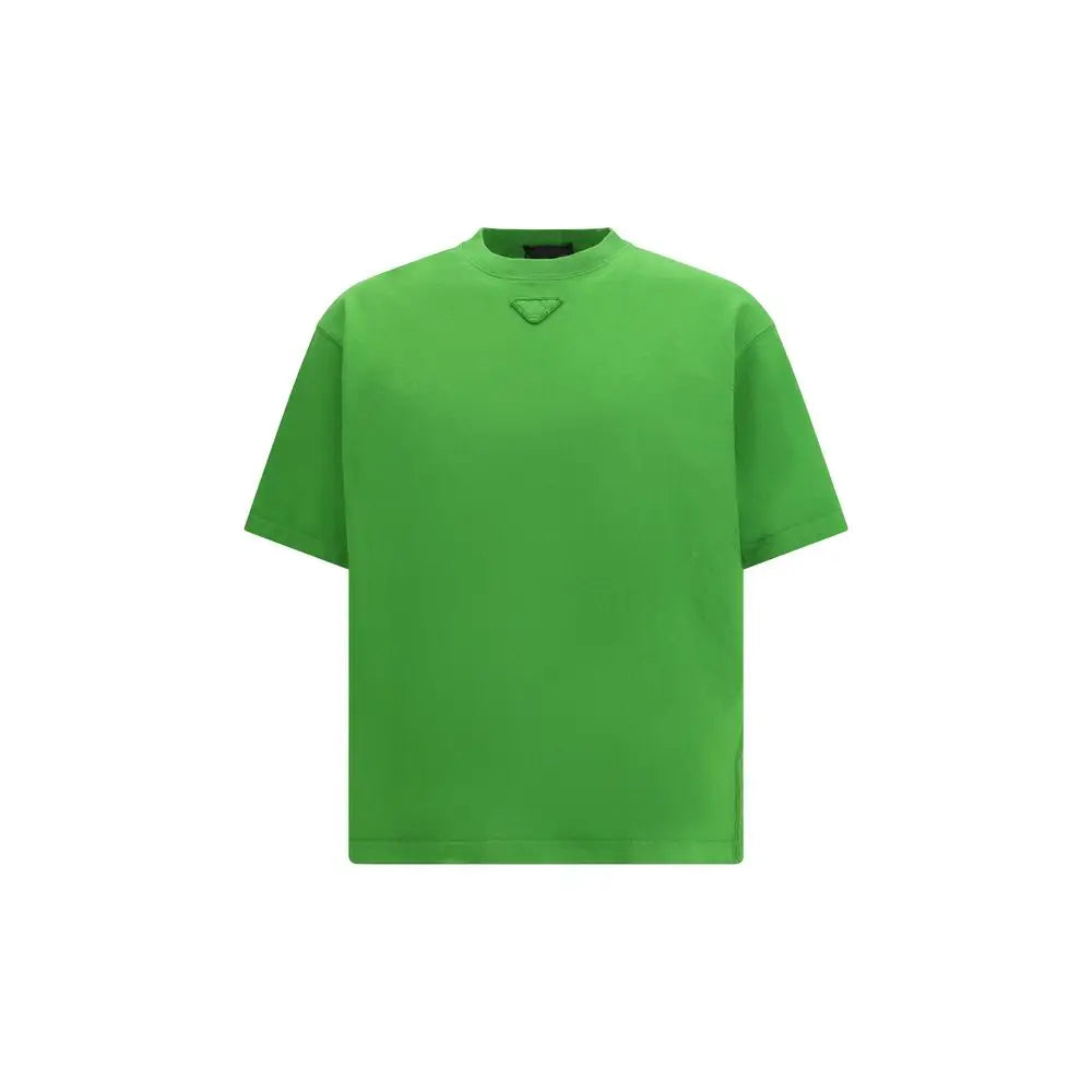 Prada bicolor cotton t-shirt med lys grøn farve og trekantet logo