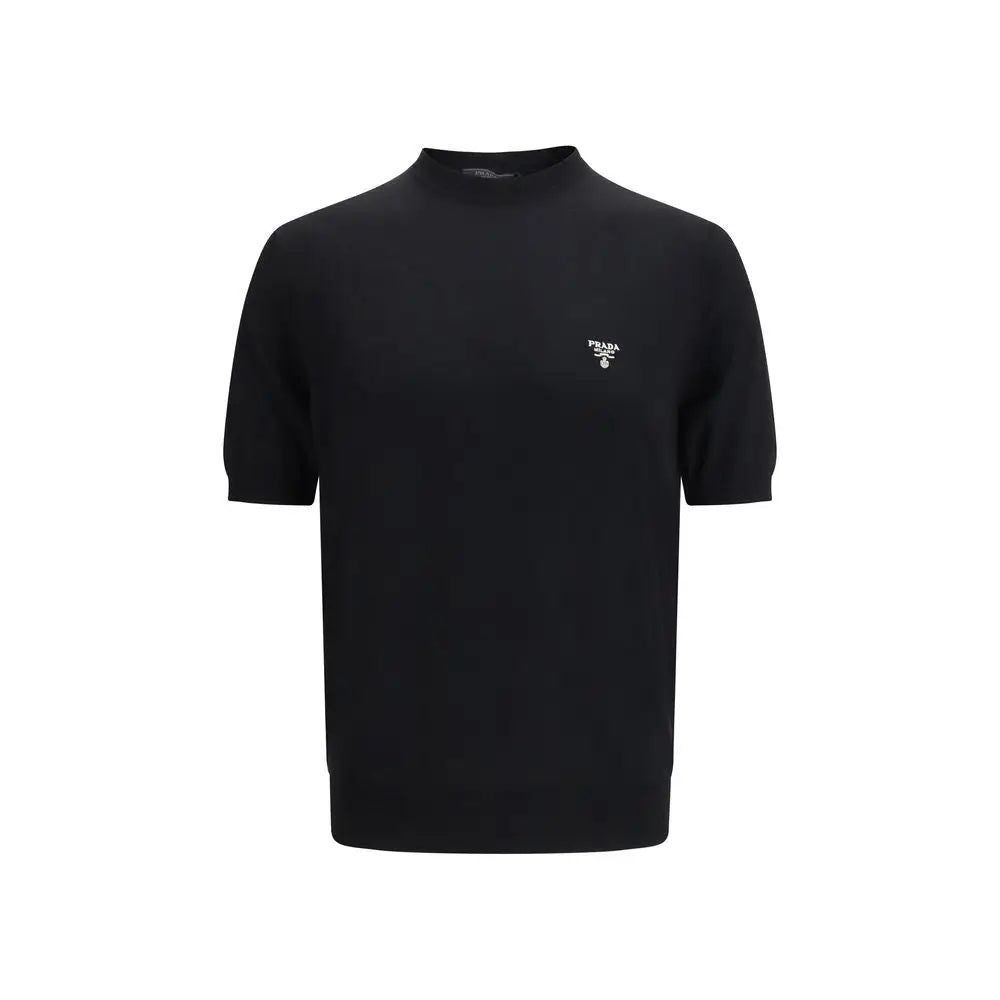 Sort Prada black fleece wool t-shirt med subtilt hvidt logo