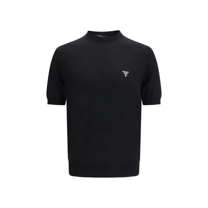 Sort Prada black fleece wool t-shirt med subtilt hvidt logo