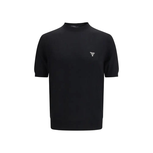 Sort Prada black fleece wool t-shirt med subtilt hvidt logo