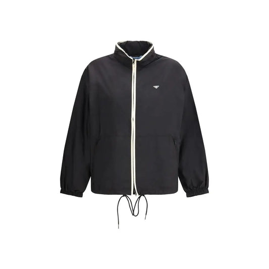 Prada black polyamide shell jacket with white zipper and triangular logo