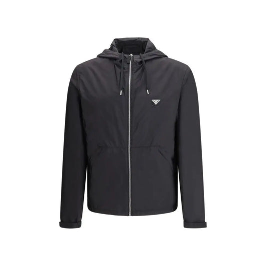 Prada black recycled hooded jacket with silver zipper and logo