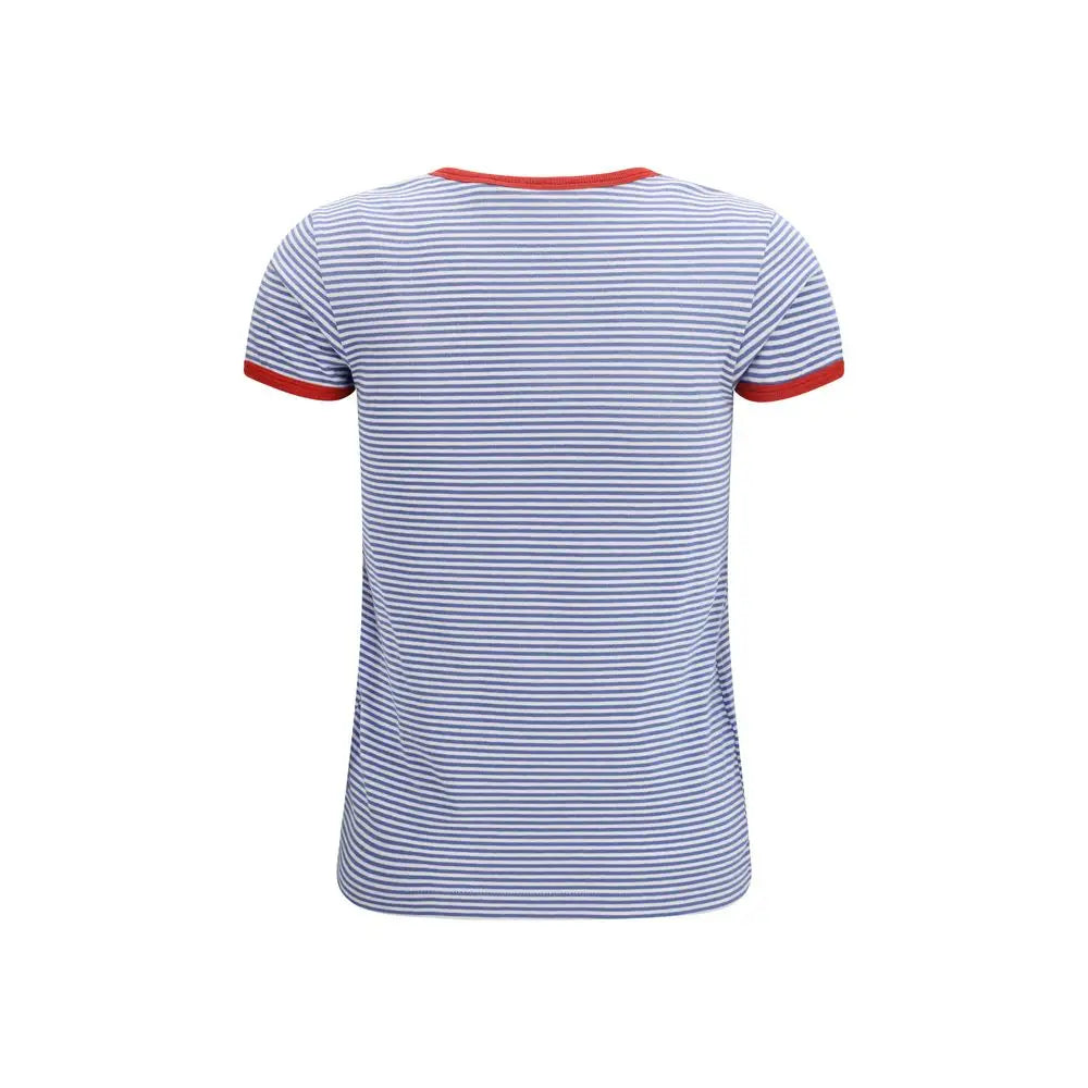 Prada blue cotton t-shirt med blå-hvide striber og rød krave