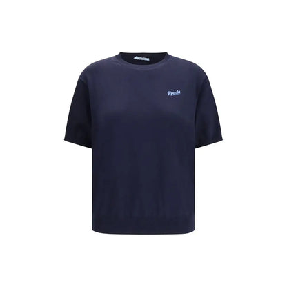 Navyblå Prada kortærmet t-shirt med subtil broderet logo på brystet i blå silke-sweatshirt