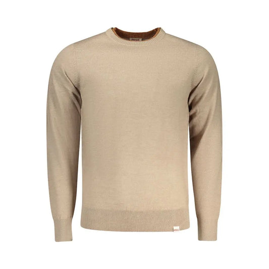 Rifle beige polyester herresweater med beige crewneck, ribbed manchetter, brun kontrastkrave