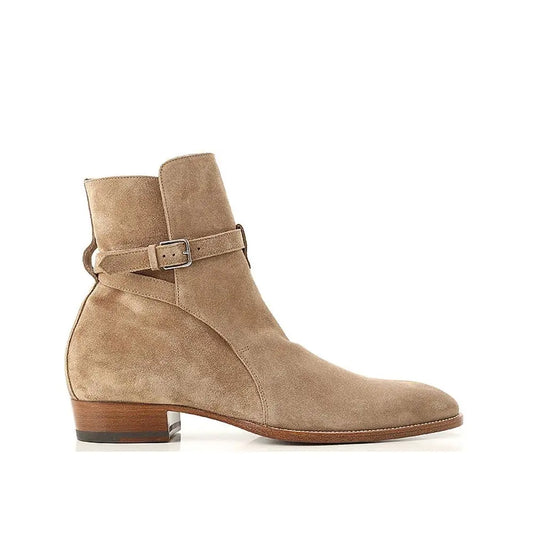 Saint Laurent beige calfskin ankle boots i høj kvalitet med tan suede og sølv spænde