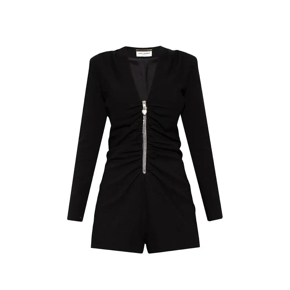 Saint Laurent sort acetat jumpsuit med rhinsten lynlås, 100% originale brands