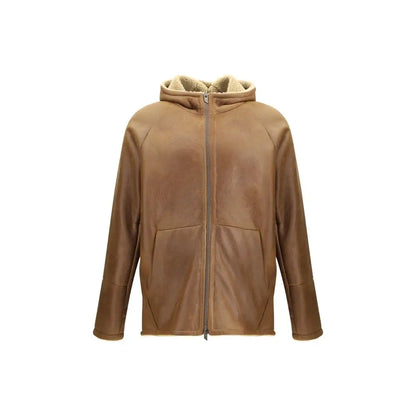 Tan læderhooded jakke med beige fleecefor og to forlommer fra Salvatore Santoro shearling