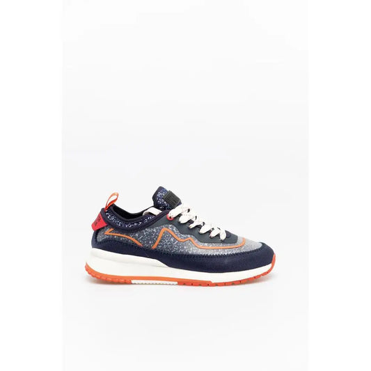 Soda navy blue nylon athletic sneakers with gray speckles, orange accents