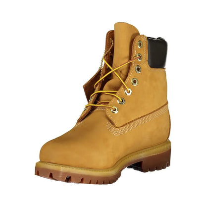Tan Timberland 6-inch boot with yellow laces and black rubber heel tab in Azzurro Polyester