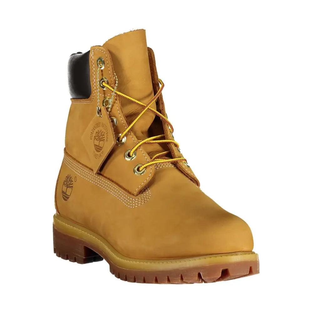 Tan Timberland 6-inch boot med gule snører og sort polstret krave i Azzurro Polyester jakke