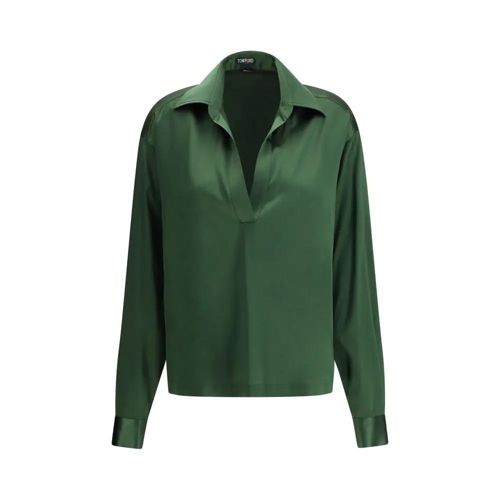 Tom Ford bicolor silk shirt i grøn satin med krave og lange ærmer