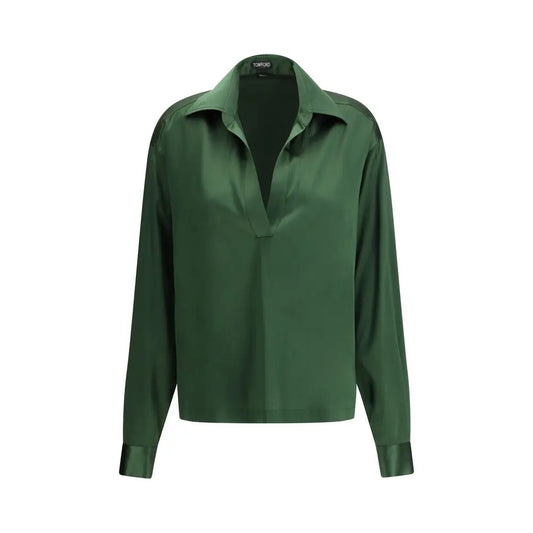 Tom Ford bicolor silk shirt i grøn satin med krave og lange ærmer