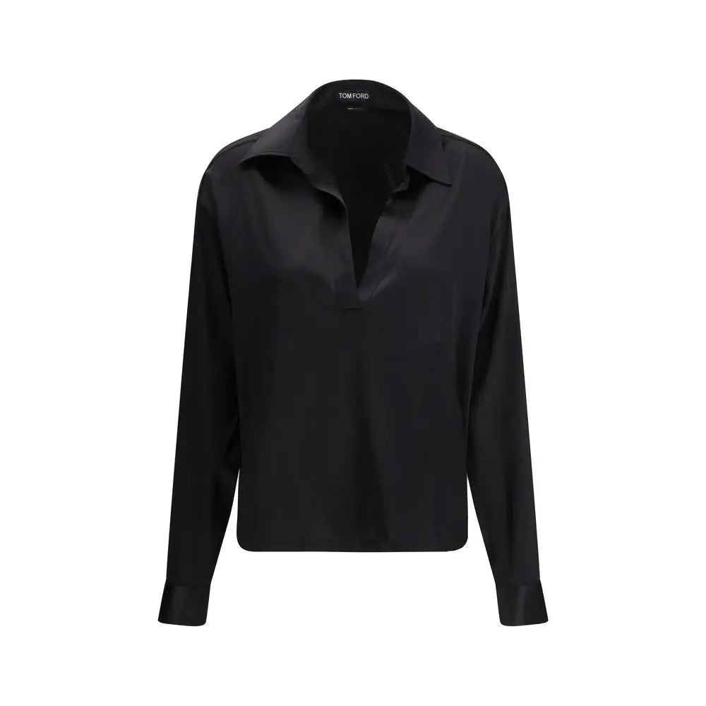 Tom Ford sort satin-bluse med minimalistisk design og lange ærmer