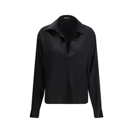 Tom Ford sort satin-bluse med minimalistisk design og lange ærmer
