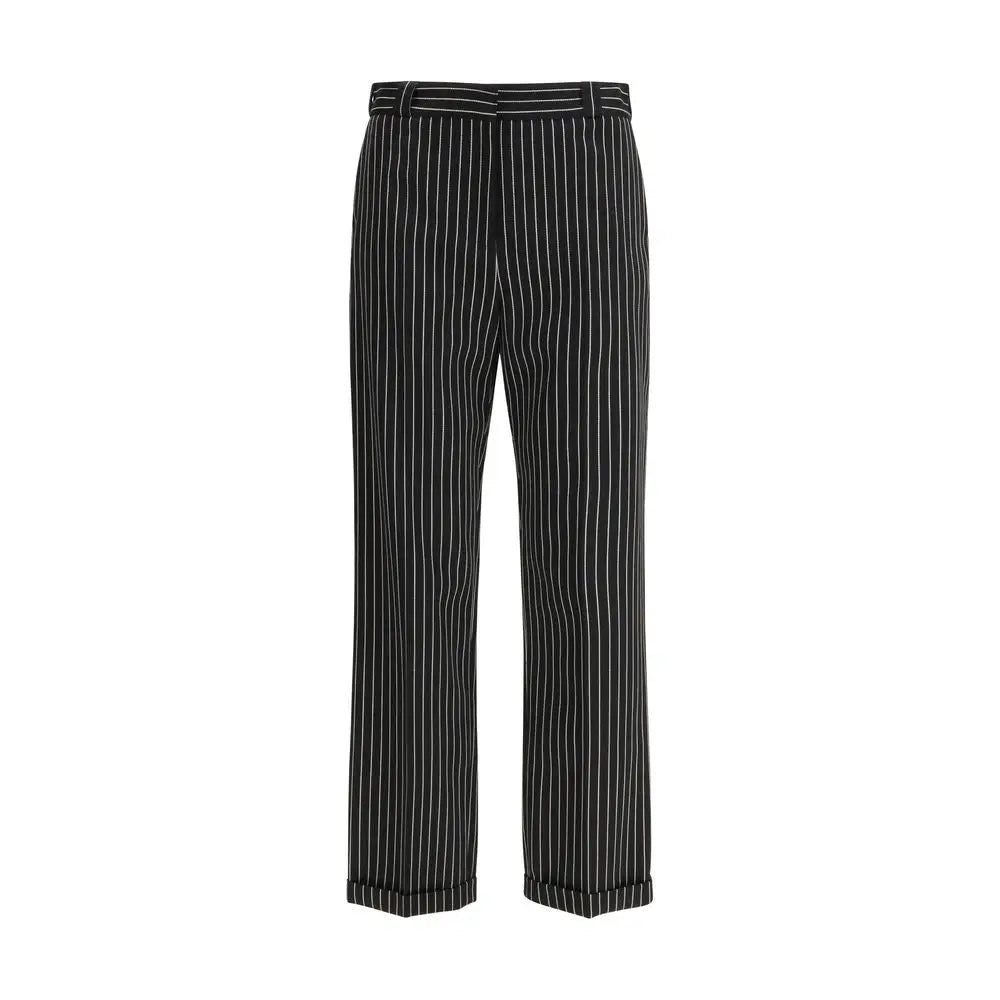 Tom Ford black wool casual pants med tynde hvide lodrette striber og matchende stribet bælte