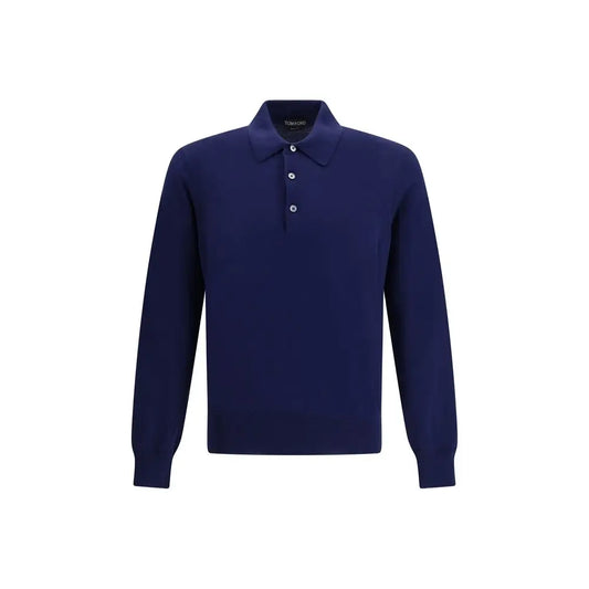 Tom Ford blå bomuldspolo med klassisk krave og hvide knapper