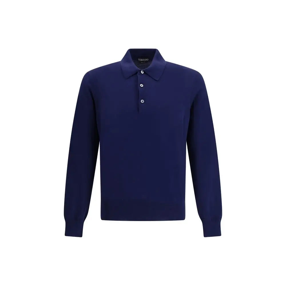 Tom Ford blå bomuldspolo i dyb marineblå med krave og hvide knapper