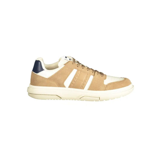 Tommy Hilfiger beige tan suede og hvid læder sneakers med navy hæl