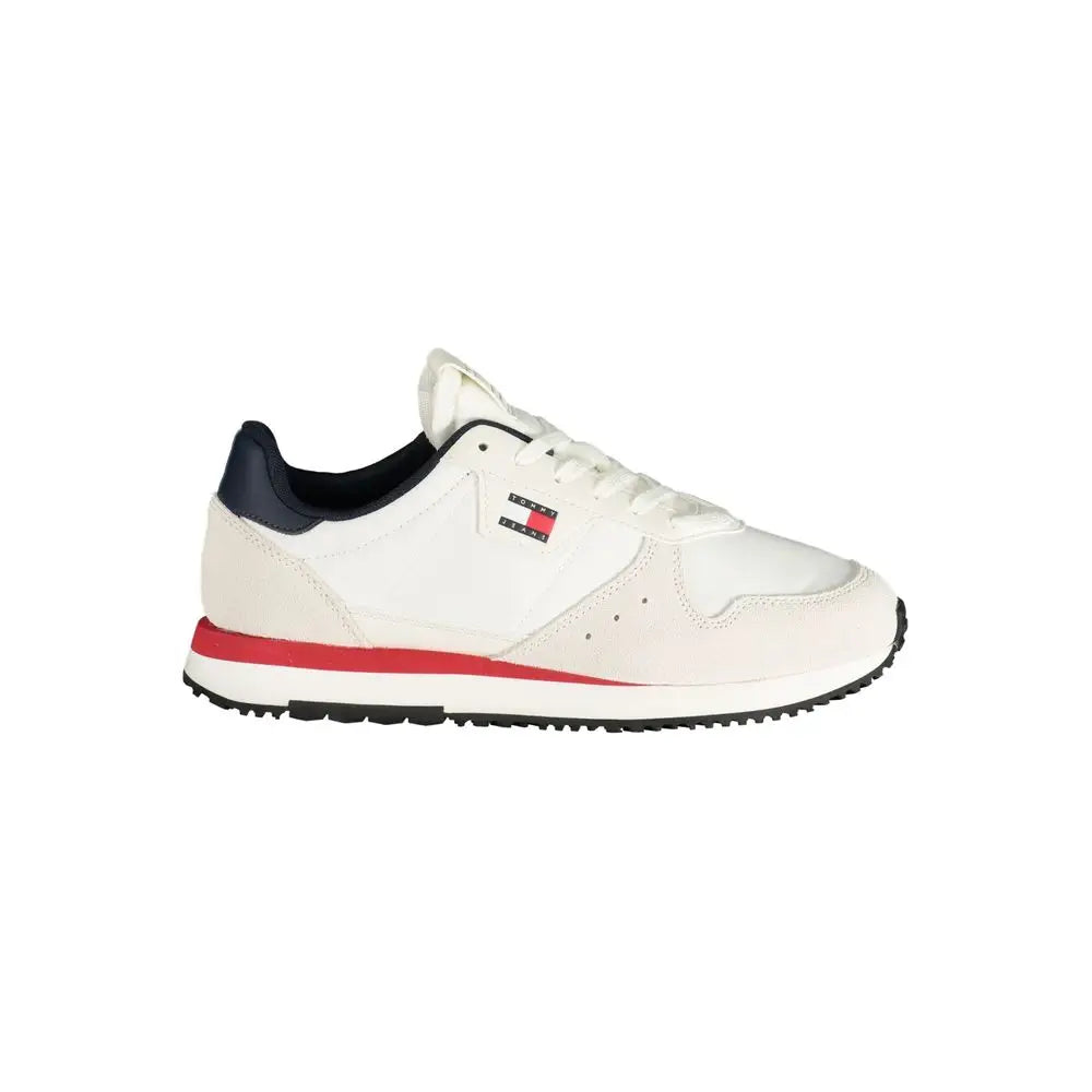 Hvid Tommy Hilfiger Bianco lædersneaker med navy hæl, rød sålstrimmel og logo