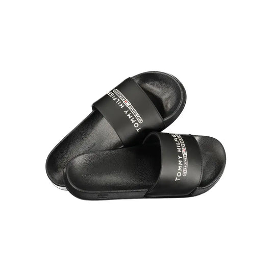 Tommy hilfiger black polyurethane herreslipper med tekstureret strop og logo