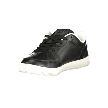 Tommy hilfiger black polyurethane herresneaker i sort læder med hvid gummisål