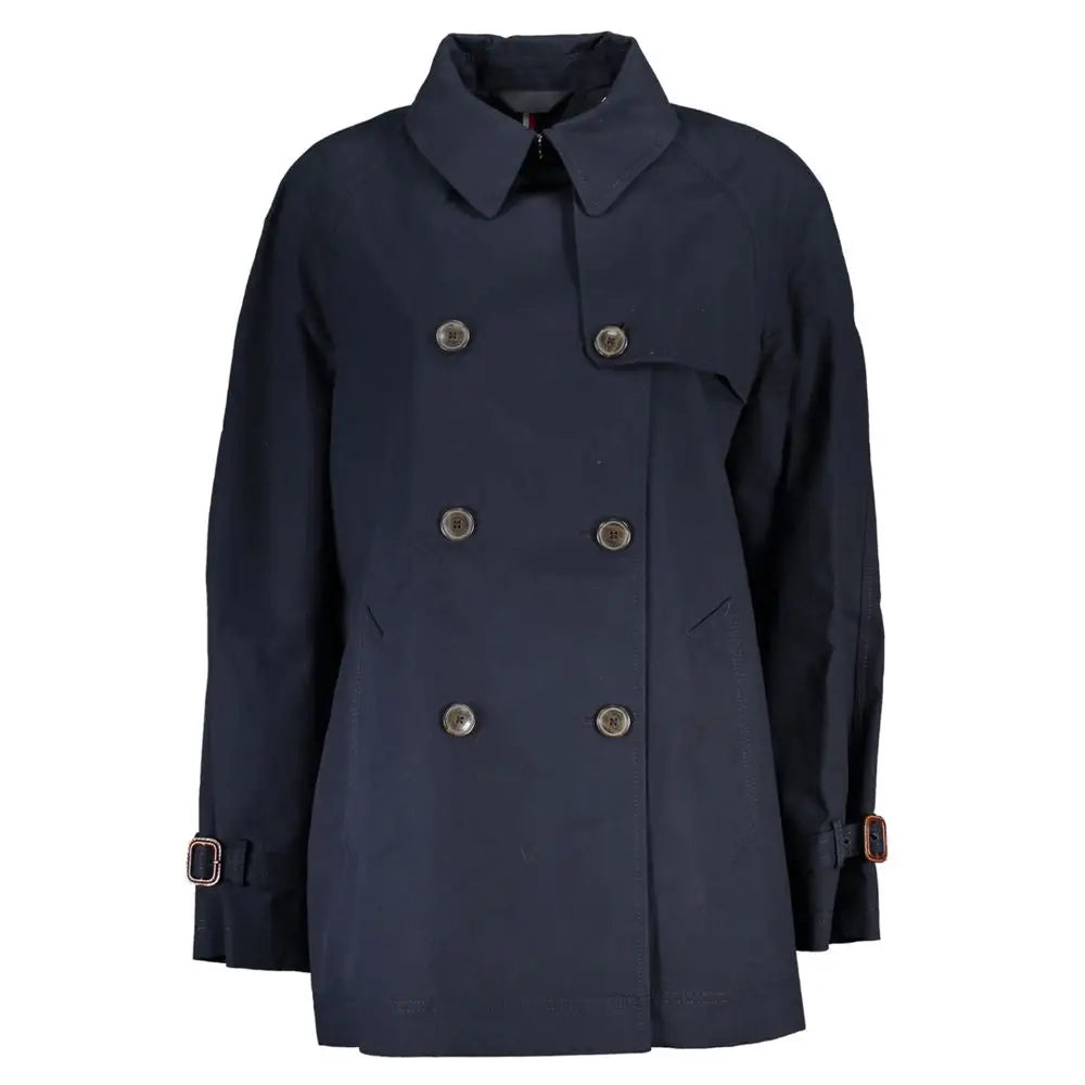Tommy Hilfiger marineblå dobbelrækket trenchcoat med sølvknapper og brune læderremspænder