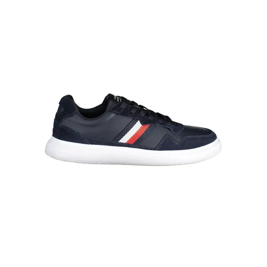 Tommy Hilfiger blue lædersneakers med hvid-rød stribe, sorte snører og hvid sål