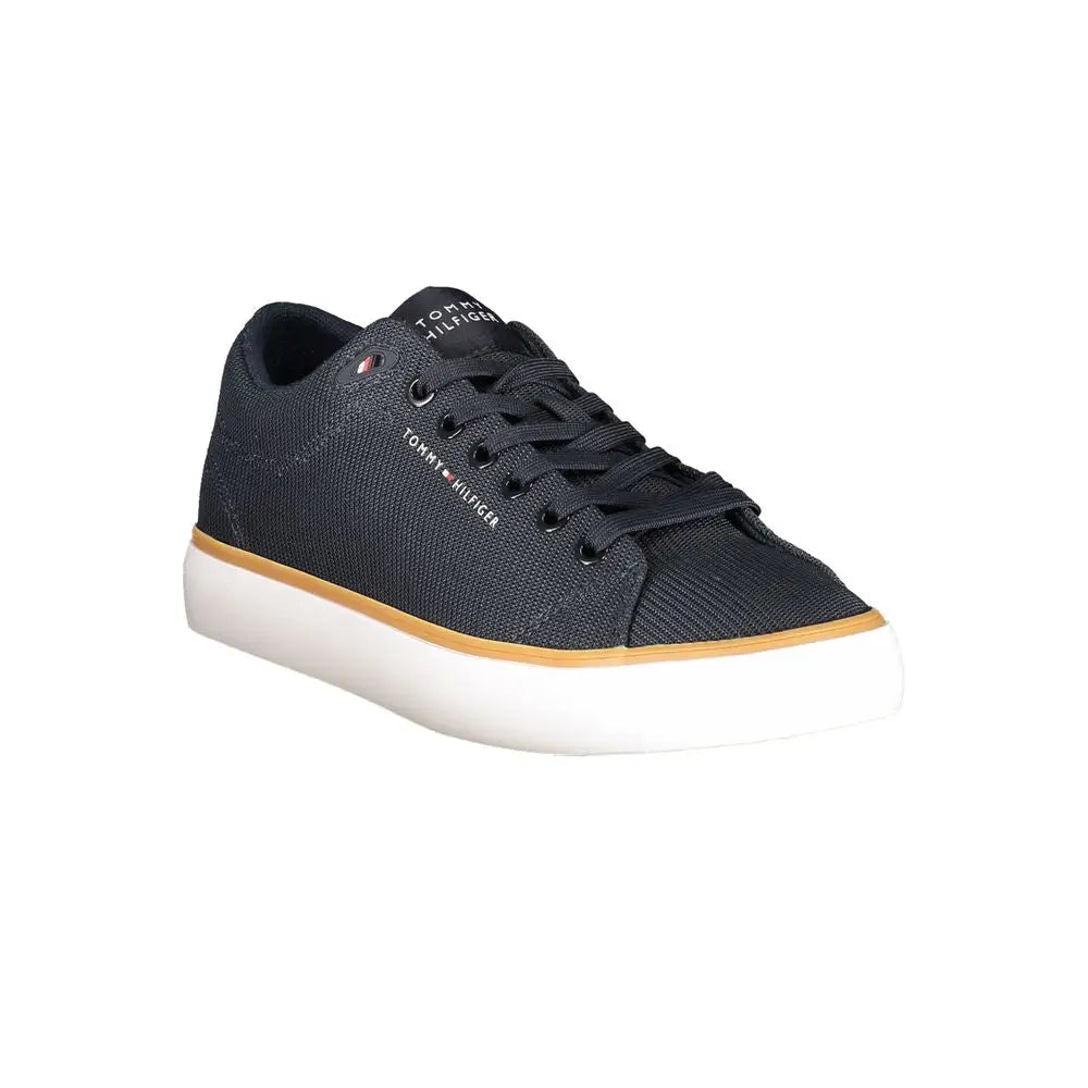 Tommy hilfiger blue polyester mænds sneakers med sort canvas, hvid gummisål og tan stribe