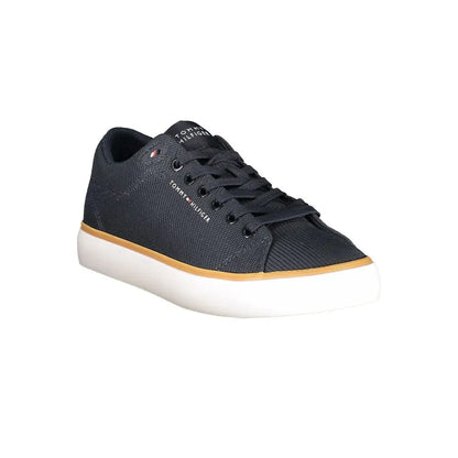 Tommy hilfiger blue polyester mænds sneakers med sort canvas, hvid gummisål og tan stribe