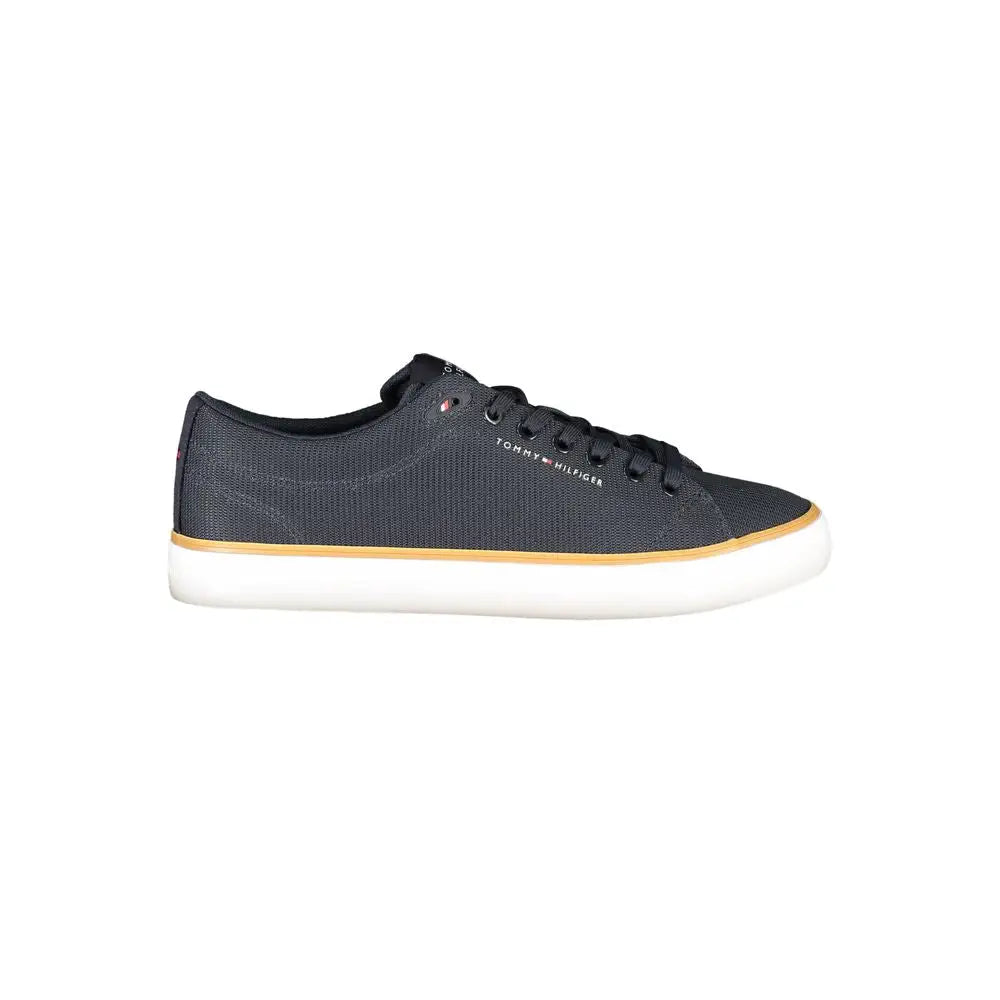 Tommy Hilfiger blue polyester herre sneakers med sort canvas, hvid sål og tan midsole