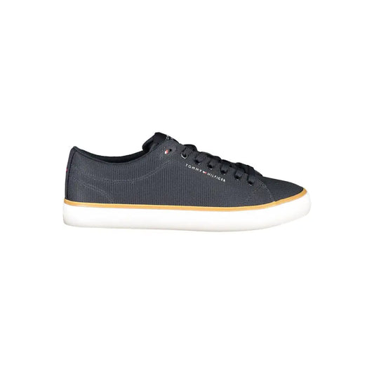 Tommy Hilfiger blue polyester herre sneakers med sort canvas, hvid sål og tan midsole