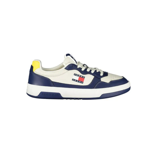 Tommy Hilfiger blue polyethylene sneakers med navy blå og creme farver, gul hælhak og flaglogo