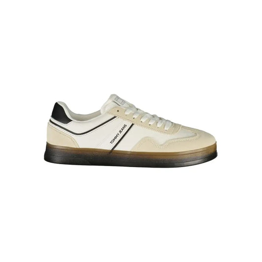 Tommy Hilfiger white leather sneaker with cream color, black accents and gradient sole