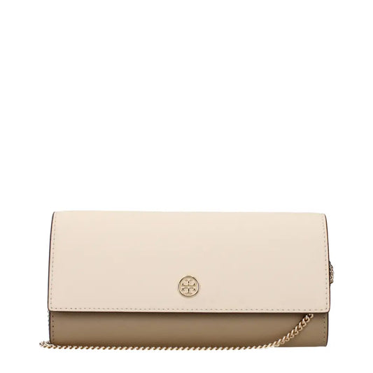 Tory Burch beige læder clutch med guld-logo og kædestrop