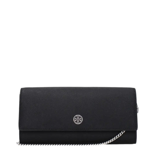 Tory Burch sort læder clutch med sølvkæde og cirkulært emblem