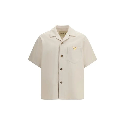 Valentino beige denim shirt i cremfarvet bomuldsstof med guld V-logo