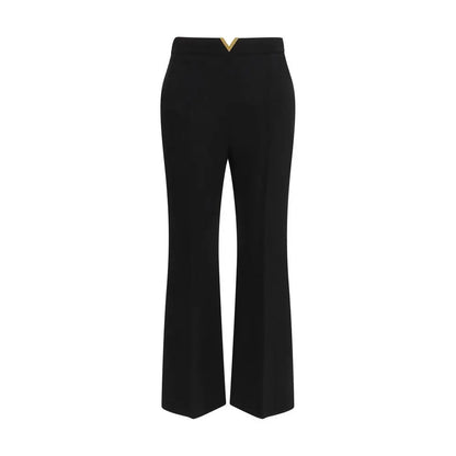 Valentino black fleece wool flared pants with gold-tone V-belt buckle