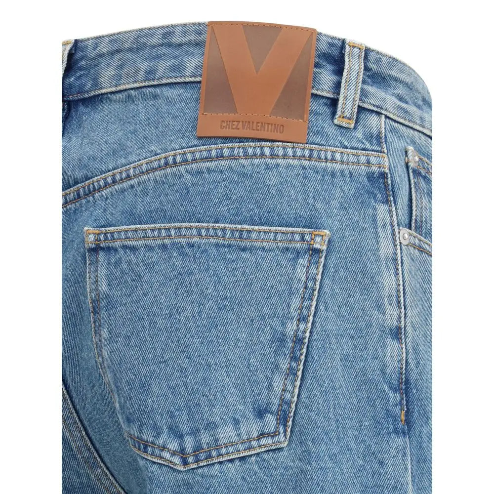 Valentino straight jeans i blå denim med brunt læderpatch og Chez Valentino logo