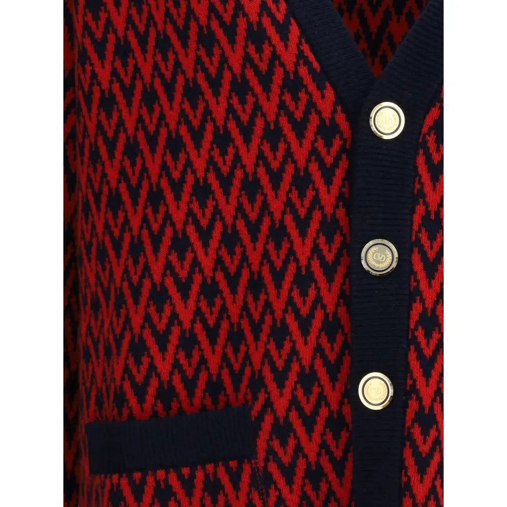 Valentinos Toute rød og marineblå zigzag-strikket cardigan med guldknapper, 100% originale brands