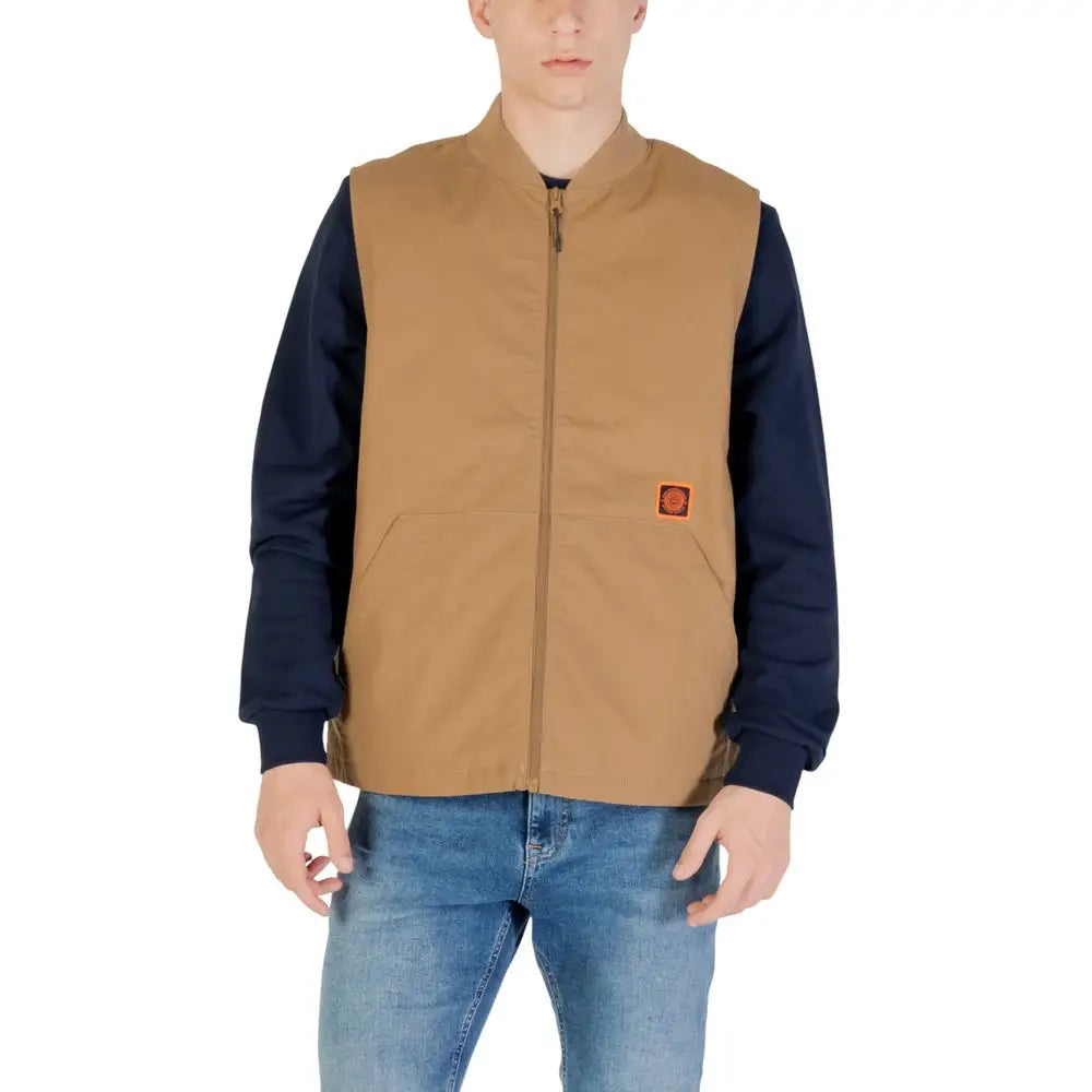 Vans beige cotton tan utility vest med navy ærmer og lynlås