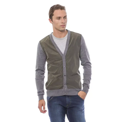 Verri Gray ull herre cardigan i olivengrøn og grå tofarvet strik med knapfrem