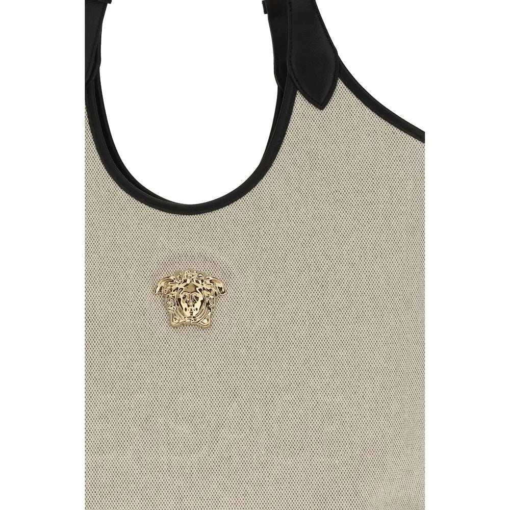Versace beige cotton shoulder bag med beige vævet canvas, sort læder og guld Medusa