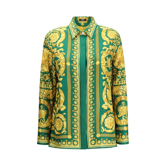 Versace bicolor silk pattern shirt i levende grøn og guld baroque print