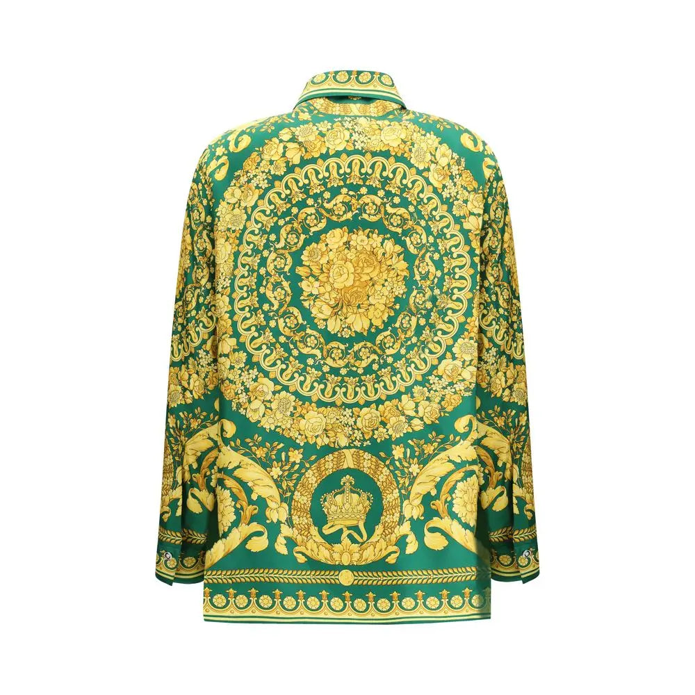 Grøn og guld Versace bluse med bicolor silk mønster i barok design