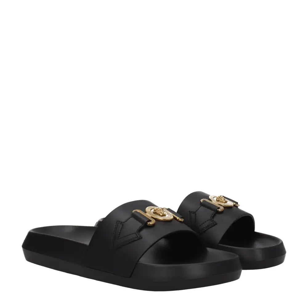 Versace Black Leather Slippers Sandals