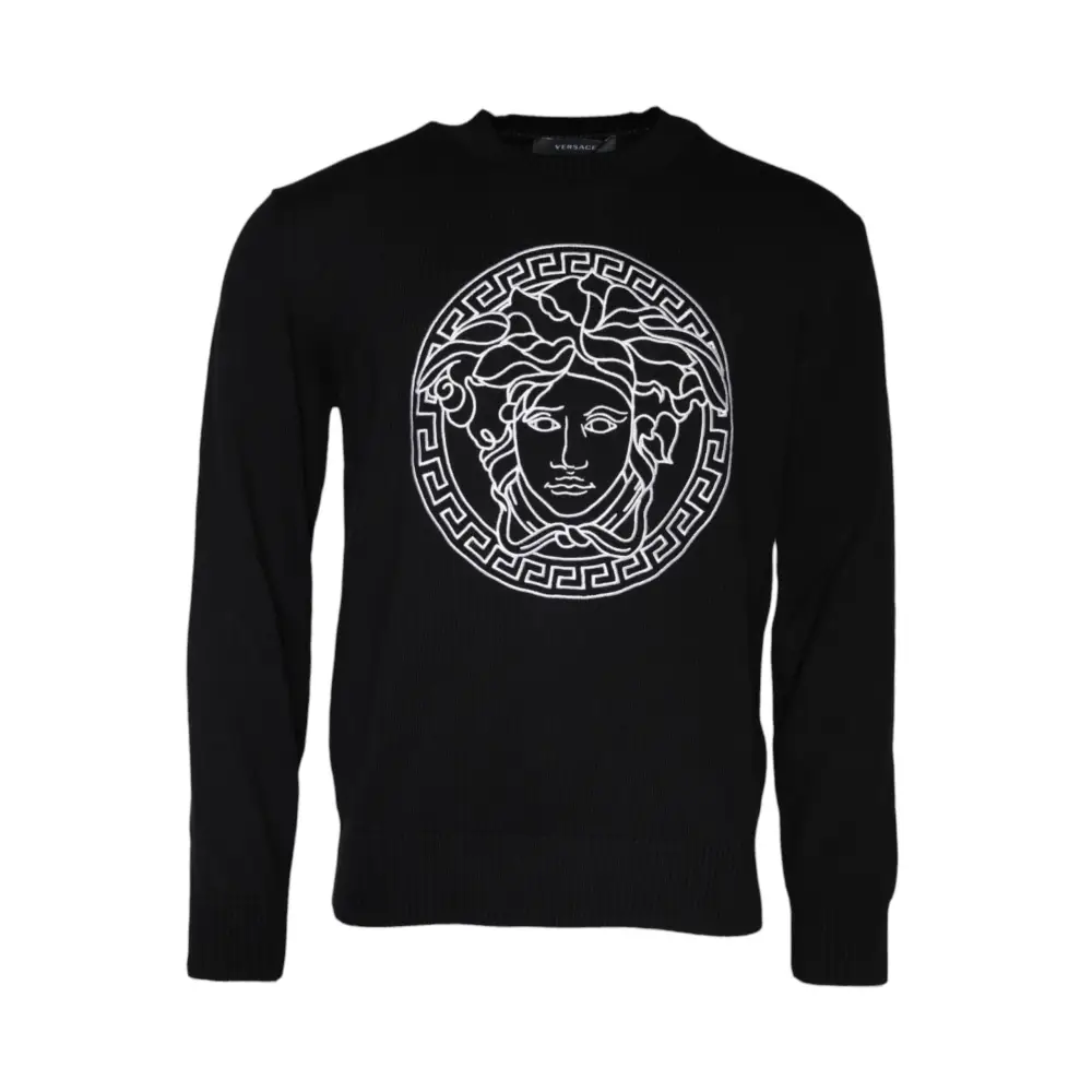Versace Black Medusa Embroidery Crew Neck Pullover Sweater - Sweaters
